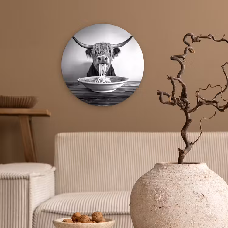 Schotse Hooglander - Spaghetti - Dieren - Zwart wit Wandcirkel plexiglas klein -sfeer1