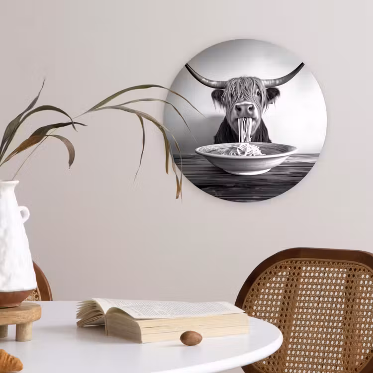 Schotse Hooglander - Spaghetti - Dieren - Zwart wit Wandcirkel plexiglas klein -sfeer4