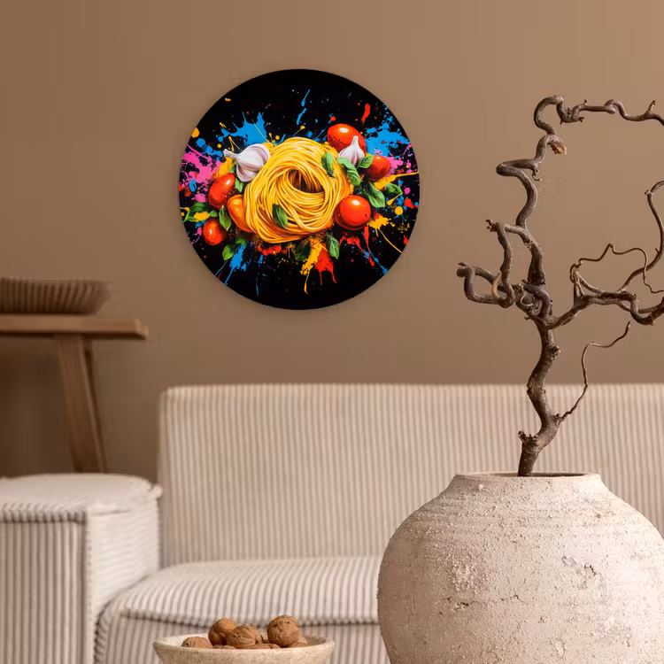 Spaghetti - Graffiti - Verf - Kleurrijk - Eten - Modern Wandcirkel plexiglas klein -sfeer1