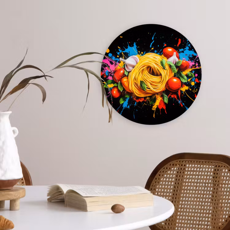 Spaghetti - Graffiti - Verf - Kleurrijk - Eten - Modern Wandcirkel plexiglas klein -sfeer4
