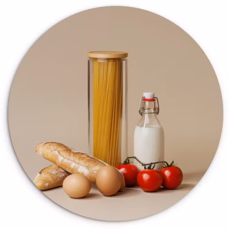 Spaghetti - Melk - Tomaten - Eieren - Brood Wandcirkel plexiglas klein -3d