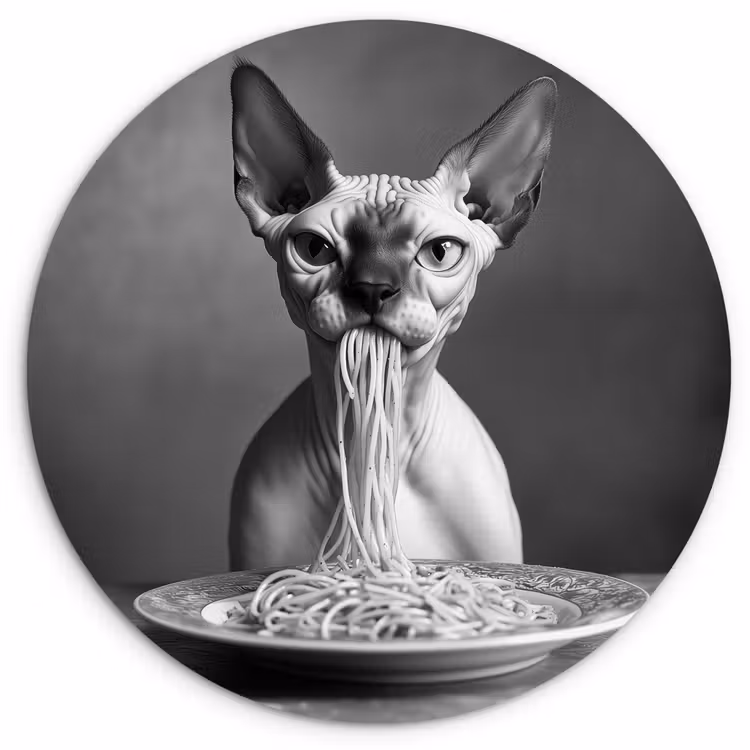 Sphynx - Kat - Dieren - Humor - Spaghetti - Zwart Wit Wandcirkel plexiglas klein -3d