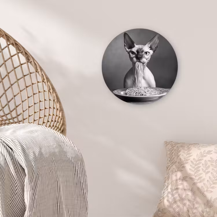 Sphynx - Kat - Dieren - Humor - Spaghetti - Zwart Wit Wandcirkel plexiglas klein -sfeer5