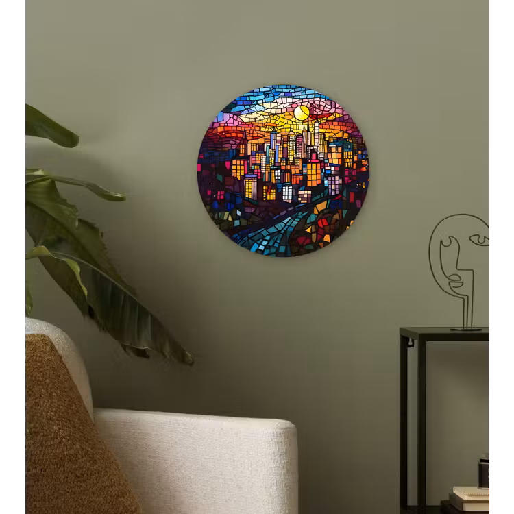 Stad - Maan - Mozaïek - Kleurrijk Wandcirkel plexiglas klein -sfeer3