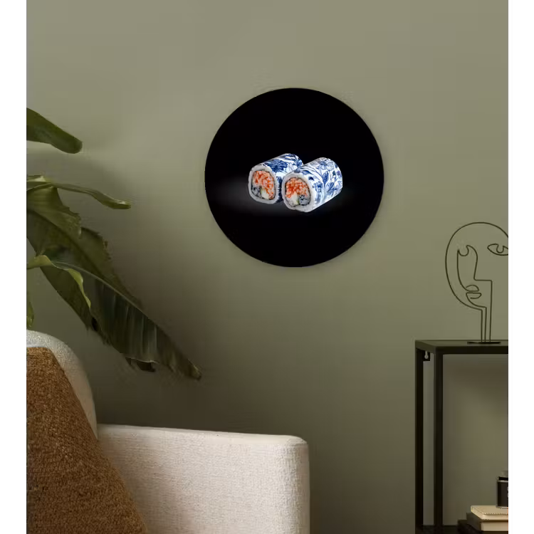 Sushi - Delfts blauw - Rijst - Vis - Elegant Wandcirkel plexiglas klein -sfeer3