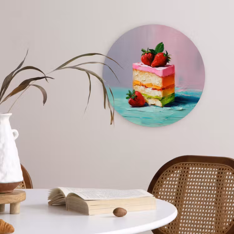Taartje - Aardbeien - Glazuur - Kleurrijk Wandcirkel plexiglas klein -sfeer4