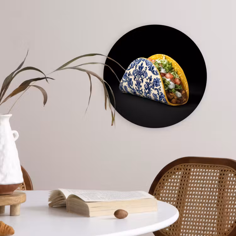 Taco - Vlees - Salade - Delftsblauw - Motief Wandcirkel plexiglas klein -sfeer4