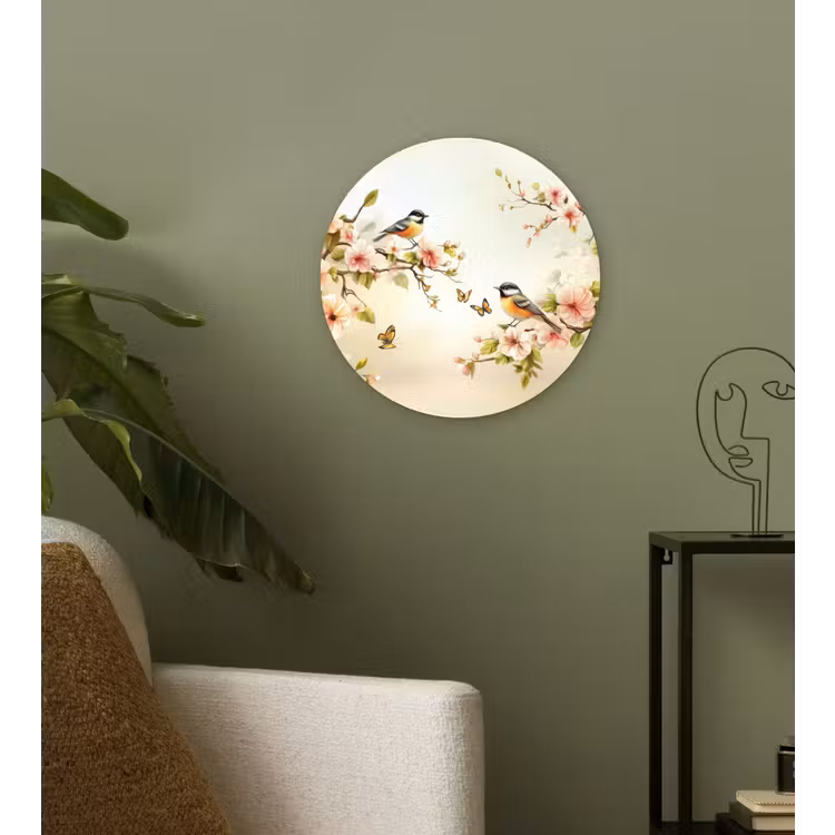 Takken - Bloemen - Vogeltjes - Roze Wandcirkel plexiglas klein -sfeer3