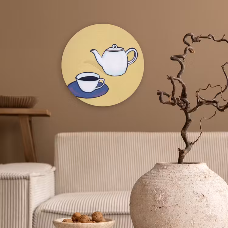 Theepot - Kopje - Beige - Illustratie Wandcirkel plexiglas klein -sfeer1