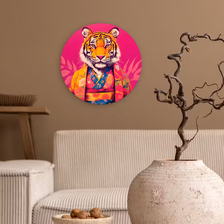 Tijger - Kimono - Planten - Roze Wandcirkel plexiglas klein -sfeer1