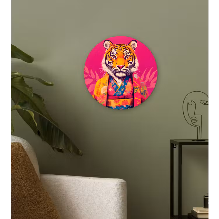 Tijger - Kimono - Planten - Roze Wandcirkel plexiglas klein -sfeer3