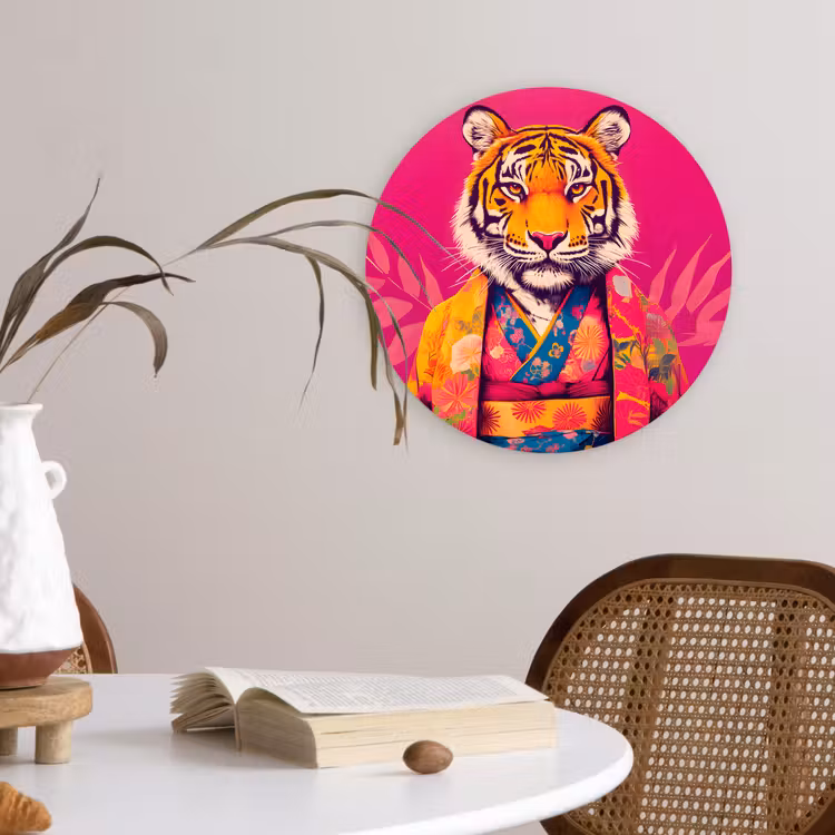 Tijger - Kimono - Planten - Roze Wandcirkel plexiglas klein -sfeer4