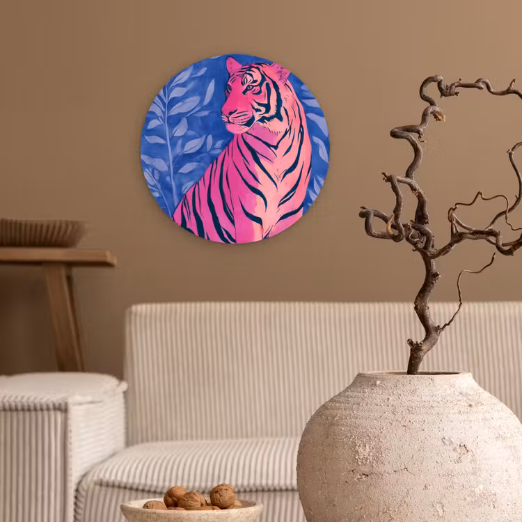 Tijger - Roze - Bladeren - Jungle Wandcirkel plexiglas klein -sfeer1