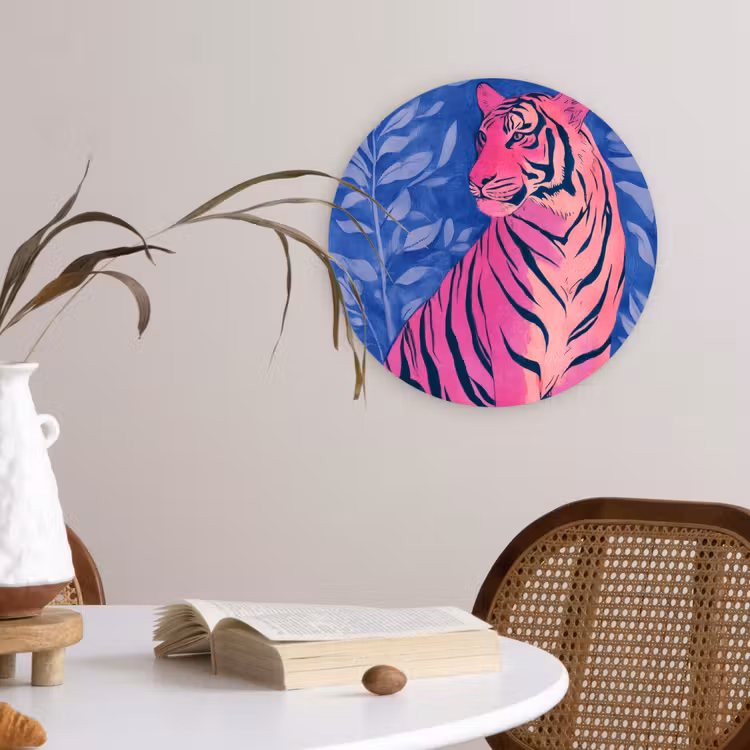 Tijger - Roze - Bladeren - Jungle Wandcirkel plexiglas klein -sfeer4