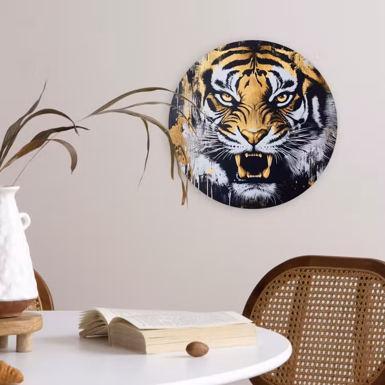 Tijger - Verfspatten - Goud Wandcirkel plexiglas klein -sfeer4