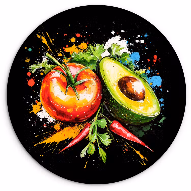 Tomaat - Avocado - Peper - Graffiti - Verf - Modern Wandcirkel plexiglas klein -3d