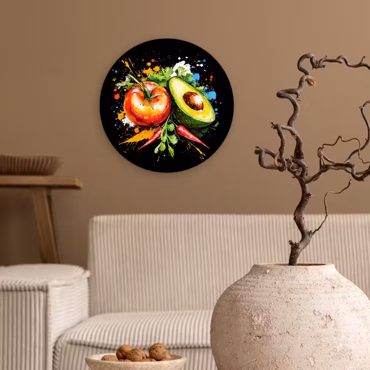 Tomaat - Avocado - Peper - Graffiti - Verf - Modern Wandcirkel plexiglas klein -sfeer1