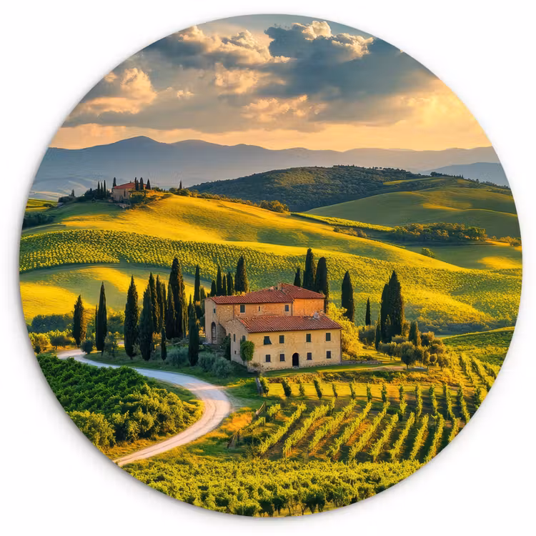 Toscane - Landschap - Wijngaarden Wandcirkel plexiglas klein -3d
