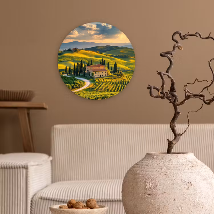 Toscane - Landschap - Wijngaarden Wandcirkel plexiglas klein -sfeer1