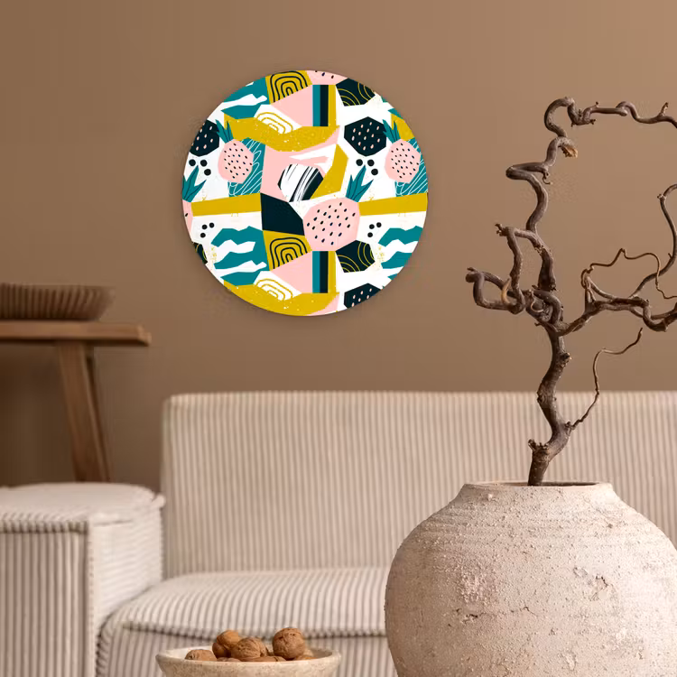 Tropisch - Abstract - Ananas - Geel - Groen - Roze Wandcirkel plexiglas klein 852 -sfeer1