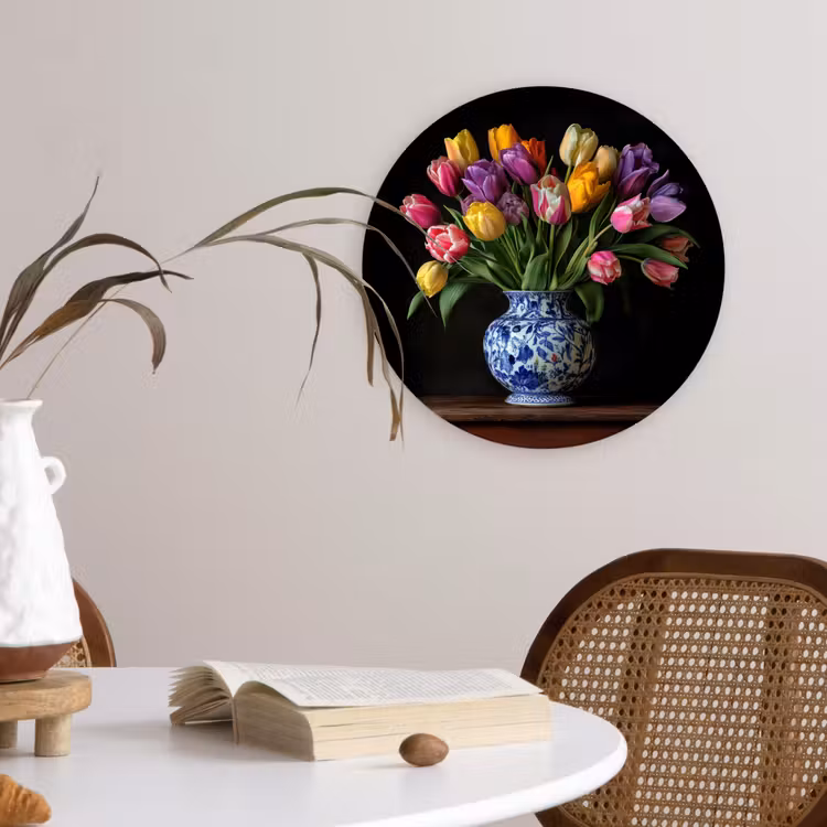 Tulpen - Kleuren - Hout - Vaas Wandcirkel plexiglas klein -sfeer4