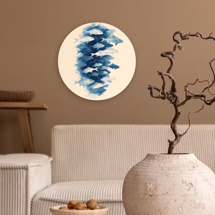 Vissen - Minimalistisch - Blauw Wandcirkel plexiglas klein -sfeer1