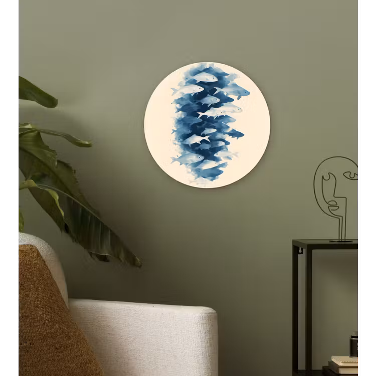 Vissen - Minimalistisch - Blauw Wandcirkel plexiglas klein -sfeer3