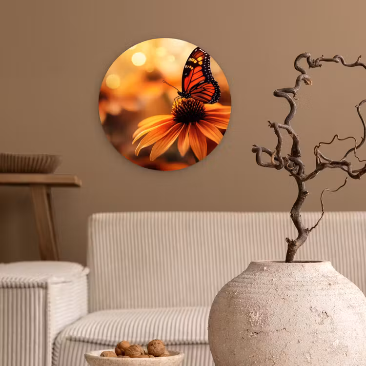 Vlinder - Bloemen - Oranje Wandcirkel plexiglas klein -sfeer1
