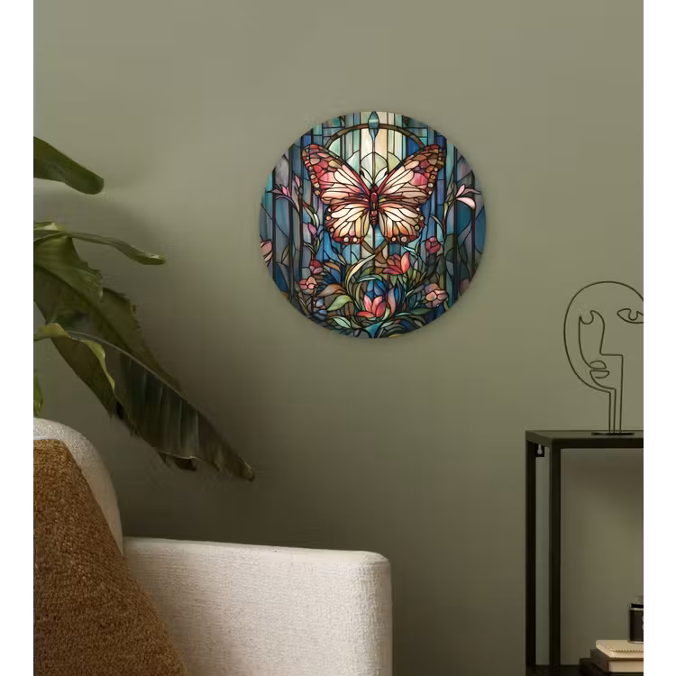 Vlinder - Roze - Bloemen - Bladeren Wandcirkel plexiglas klein -sfeer3