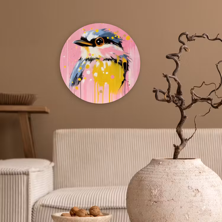 Vogel - Roze - Geel - Blauw Wandcirkel plexiglas klein -sfeer1
