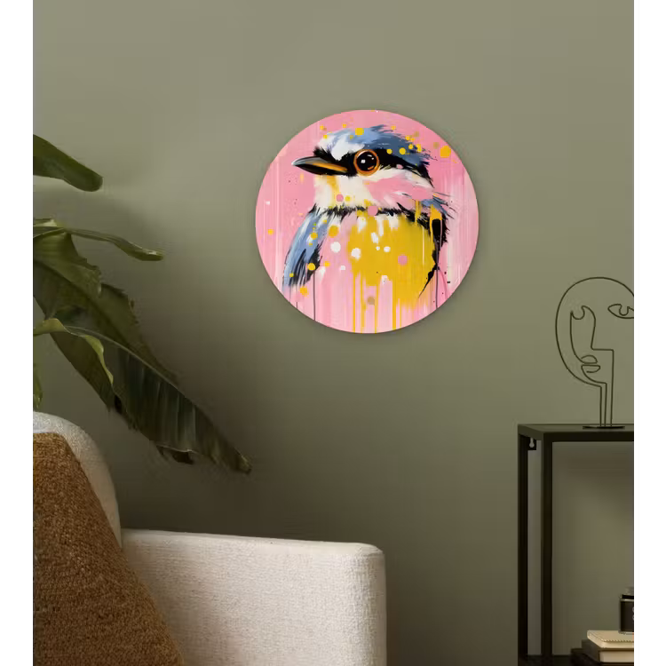 Vogel - Roze - Geel - Blauw Wandcirkel plexiglas klein -sfeer3