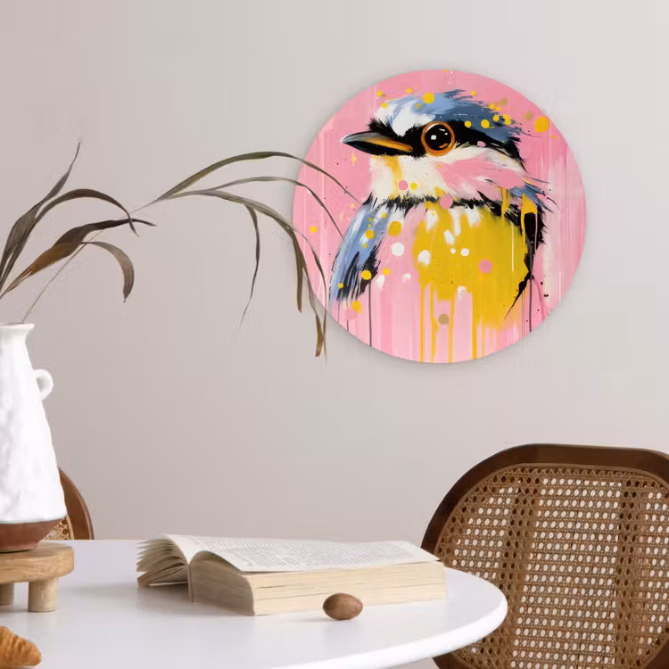 Vogel - Roze - Geel - Blauw Wandcirkel plexiglas klein -sfeer4