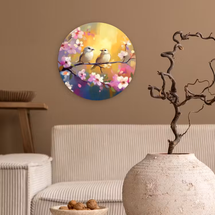 Vogels - Bloemen - Roze Wandcirkel plexiglas klein -sfeer1