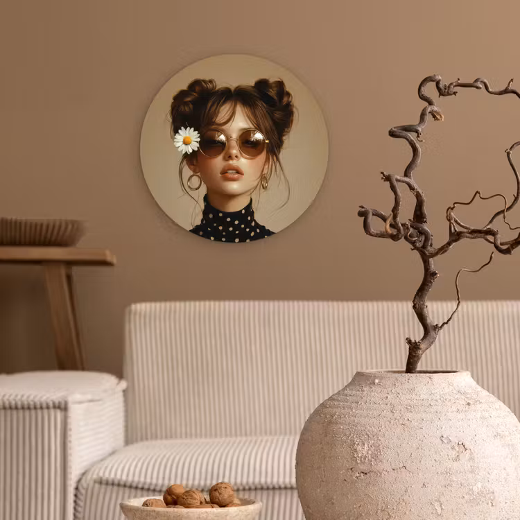 Vrouw - Beige - Bloem - Modern - Portret Wandcirkel plexiglas klein -sfeer1