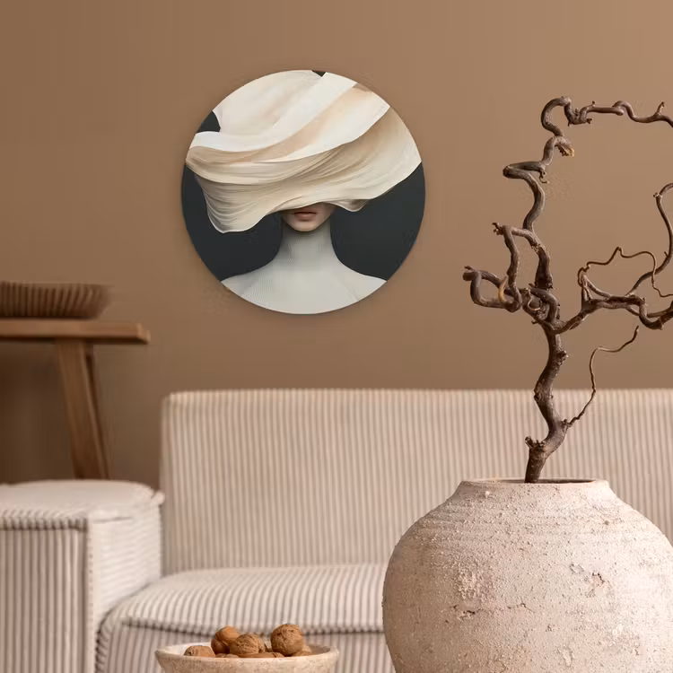 Vrouw - Beige - hoed Wandcirkel plexiglas klein -sfeer1