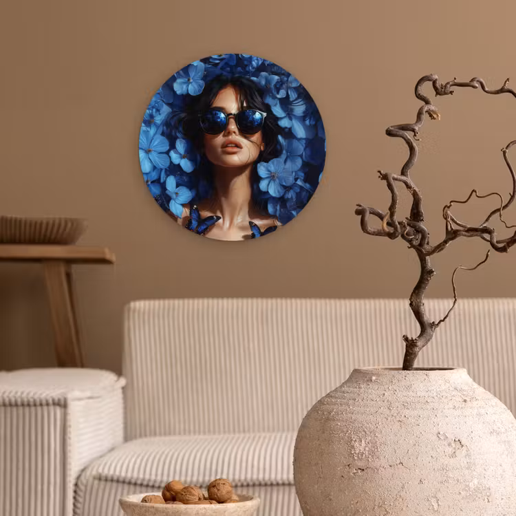 Vrouw - Blauw - Bloemen - Vlinders - Natuur Wandcirkel plexiglas klein -sfeer1
