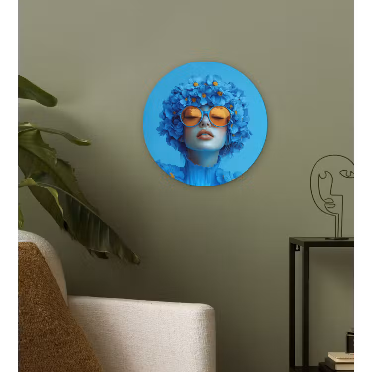Vrouw - Bloem - Blauw - Modern - Bril - Portret Wandcirkel plexiglas klein -sfeer3