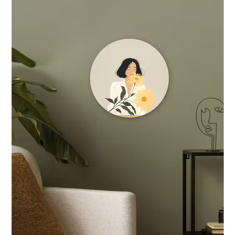 Vrouw - Bloem - Geel - Minimalistisch Wandcirkel plexiglas klein -sfeer3