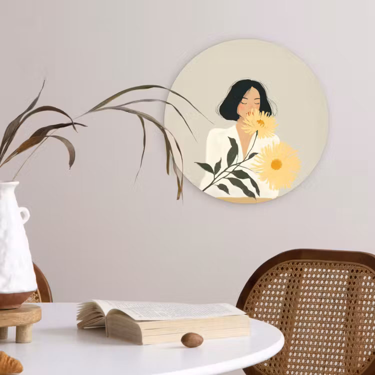 Vrouw - Bloem - Geel - Minimalistisch Wandcirkel plexiglas klein -sfeer4