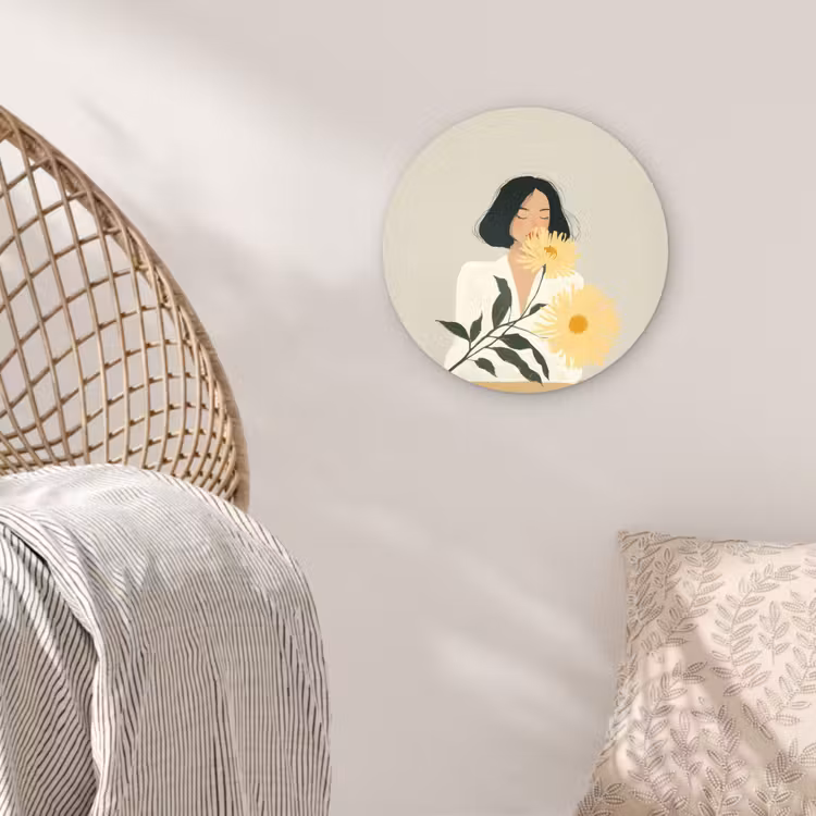 Vrouw - Bloem - Geel - Minimalistisch Wandcirkel plexiglas klein -sfeer5