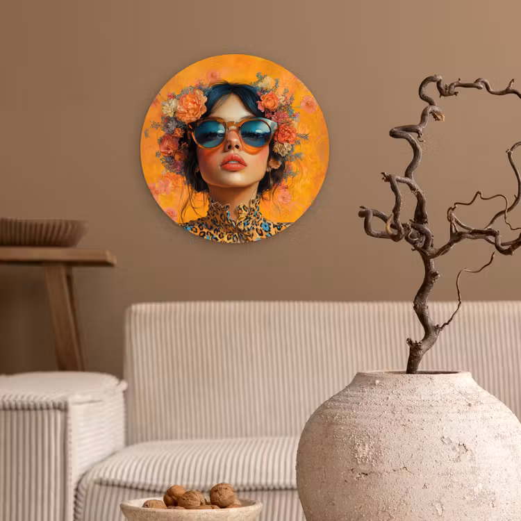 Vrouw - Bloemen - Aesthetic - Oranje Wandcirkel plexiglas klein -sfeer1