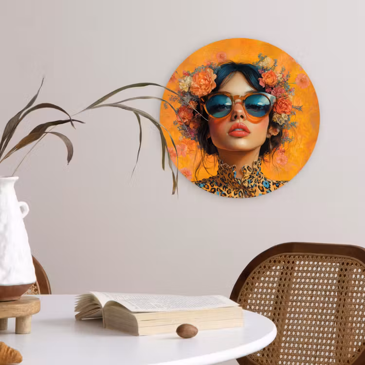 Vrouw - Bloemen - Aesthetic - Oranje Wandcirkel plexiglas klein -sfeer4