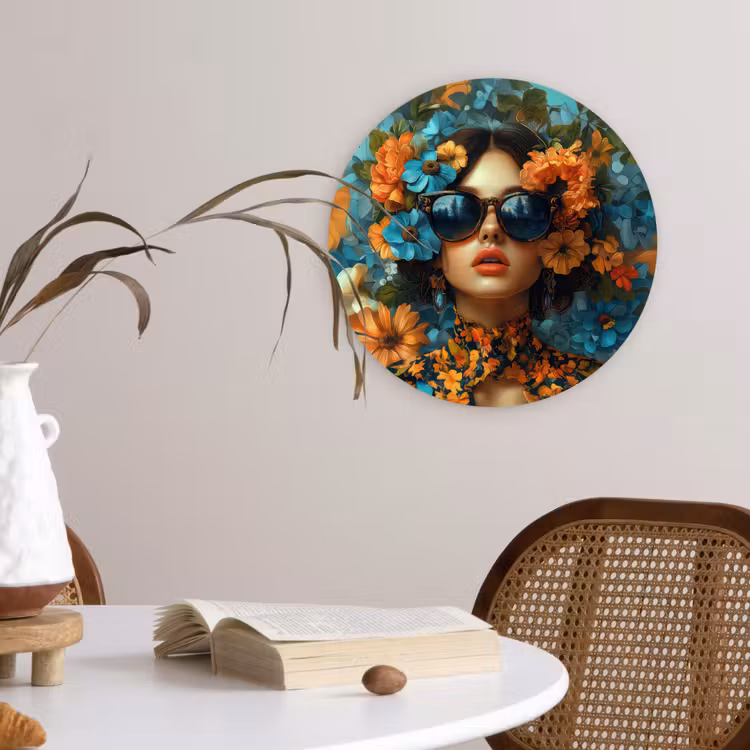 Vrouw - Bloemen - Oranje - Blauw - Modern Wandcirkel plexiglas klein -sfeer4