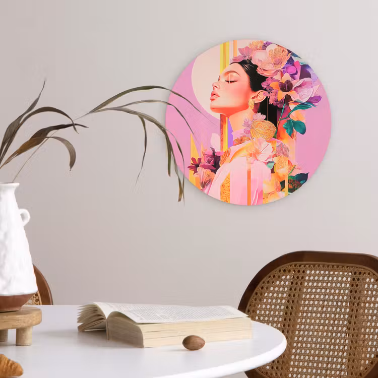 Vrouw - Bloemen - Paars - Abstract Wandcirkel plexiglas klein -sfeer4