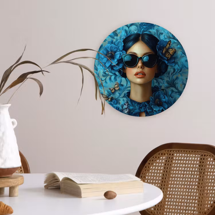 Vrouw - Bloemen - Vlinders - Blauw - Abstract Wandcirkel plexiglas klein -sfeer4