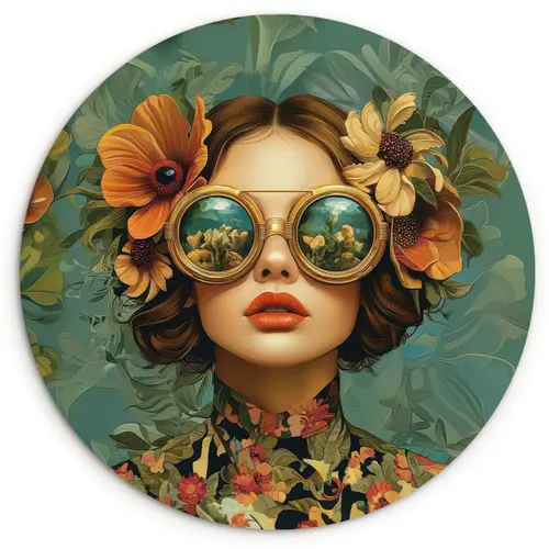 Vrouw - Bloemen - Vlinders - Natuur - Vintage Wandcirkel plexiglas klein -3d