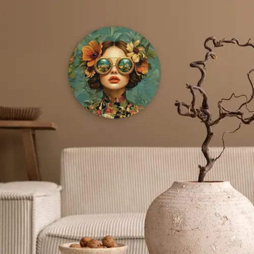Vrouw - Bloemen - Vlinders - Natuur - Vintage Wandcirkel plexiglas klein -sfeer1
