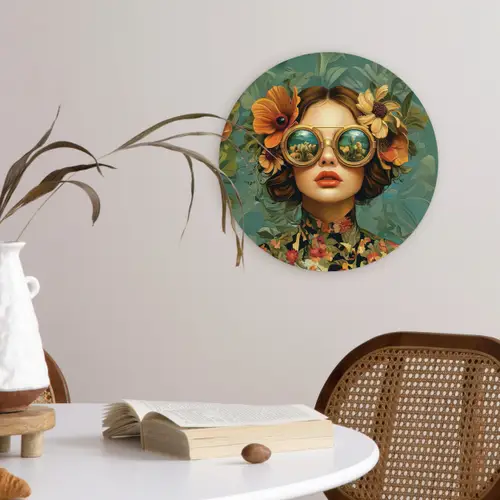 Vrouw - Bloemen - Vlinders - Natuur - Vintage Wandcirkel plexiglas klein -sfeer4