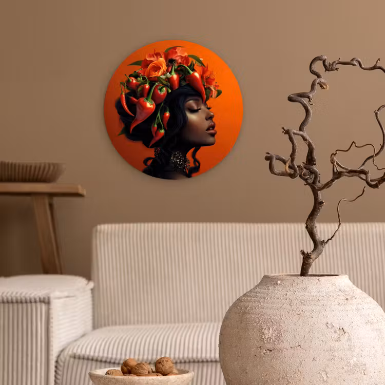 Vrouw - Chilipepers - Pepers - Bloemen Wandcirkel plexiglas klein -sfeer1