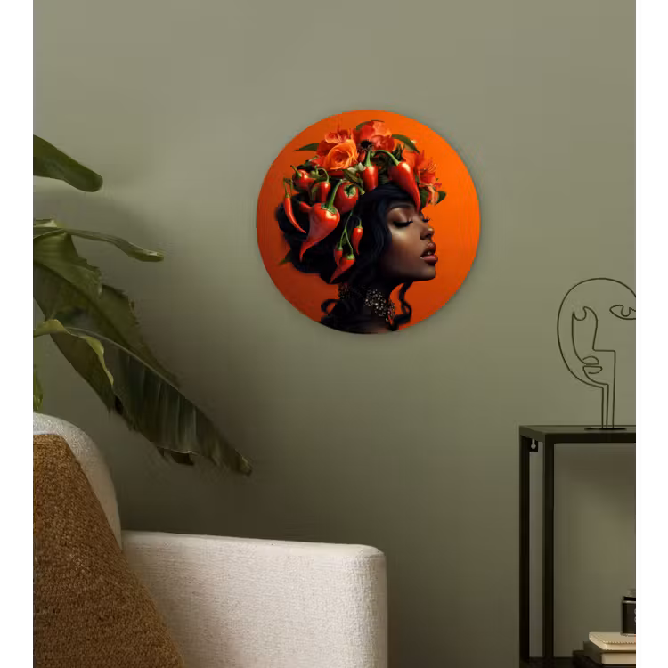 Vrouw - Chilipepers - Pepers - Bloemen Wandcirkel plexiglas klein -sfeer3